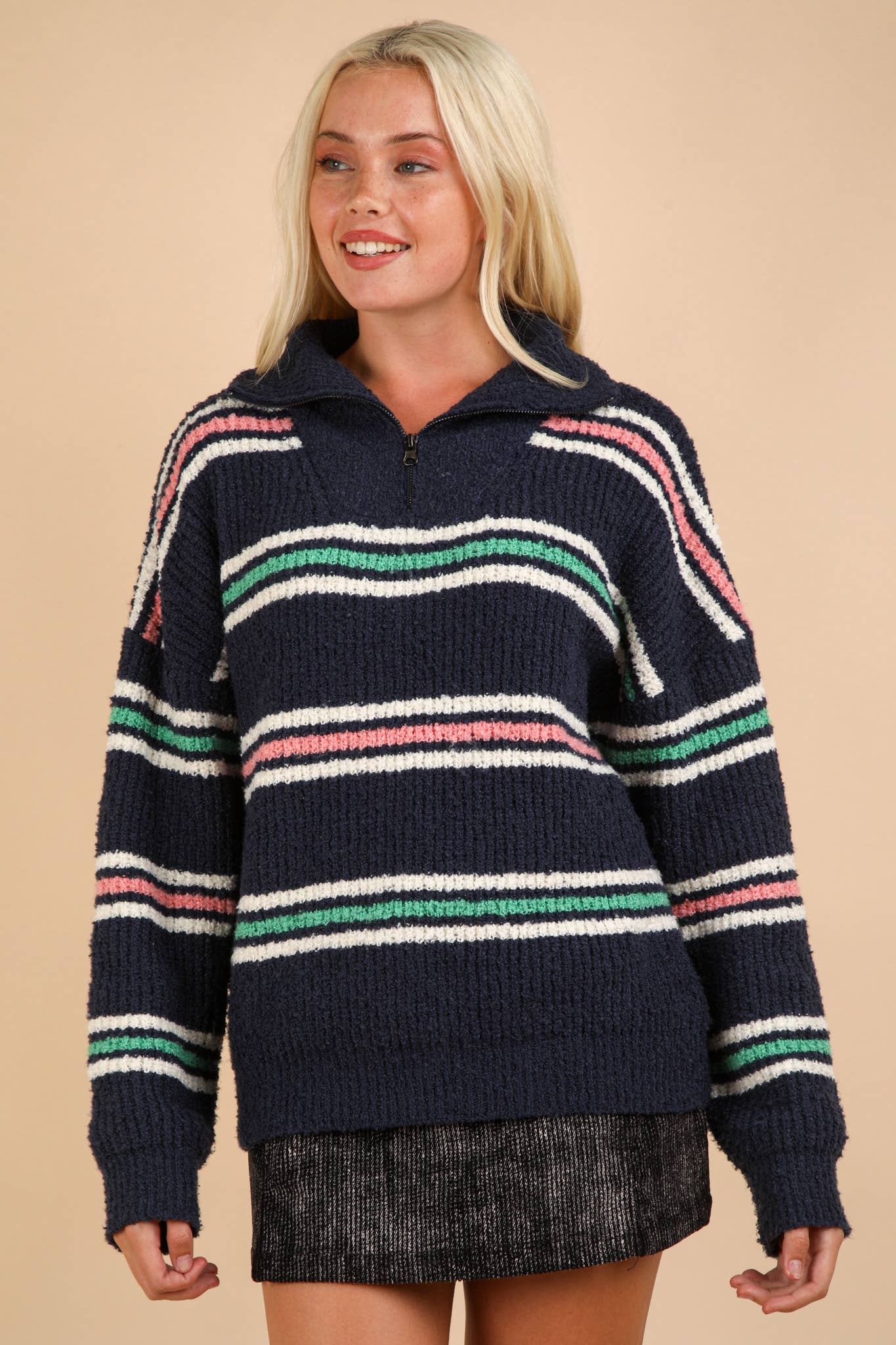 Multi Color Striped Half Zip Up Knit Sweater Top