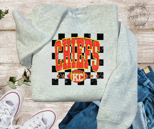 Kansas City Chiefs Ash Gray Vintage Checkered Crewneck Sweatshirt