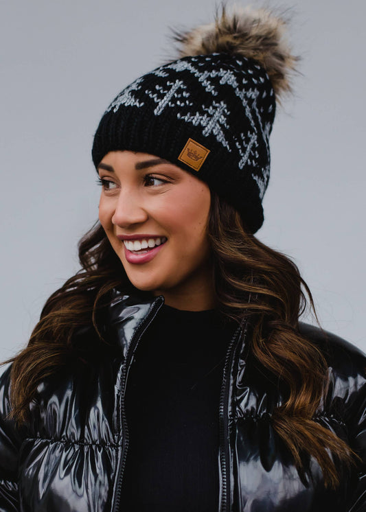 Black w/ Grey Winter Pattern Pom Hat