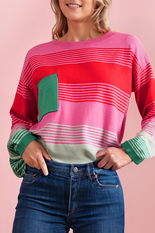 Striped Knit Patch Chest Pocket Oversized Sweater