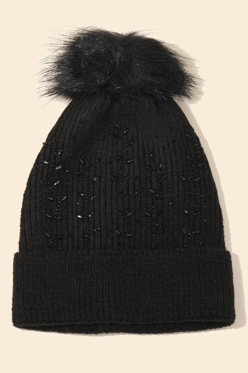 Rhinestone Pompom Knitted Beanie