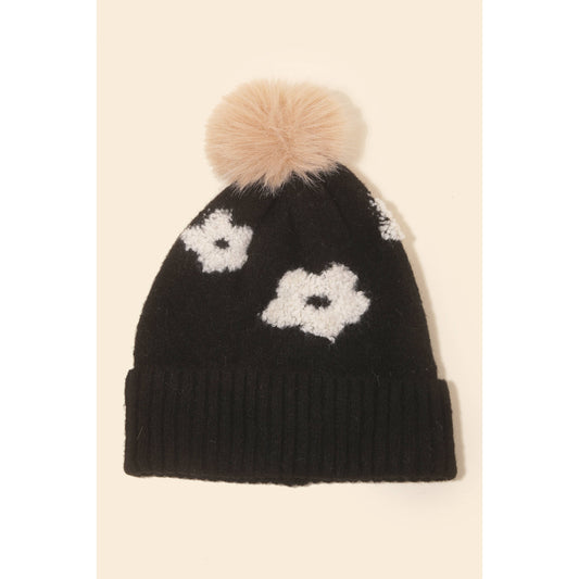 Flower Embroidered Pompom Beanie