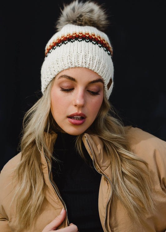 Cream, Mustard, Rust & Olive Patterned Pom Hat