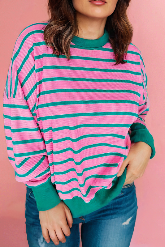 Pink & Green Stripe Knit Crew Neck Sweatshirt