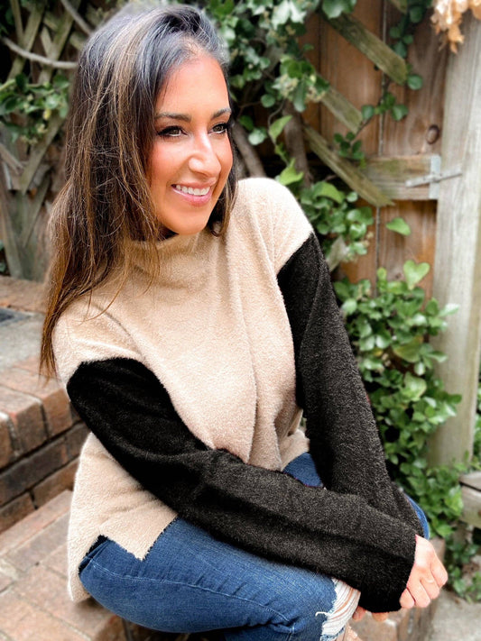 Collette Colorblocked Fuzzy Mockneck Sweater