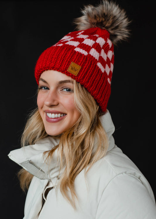 Red & Pink Checkered Pom Hat