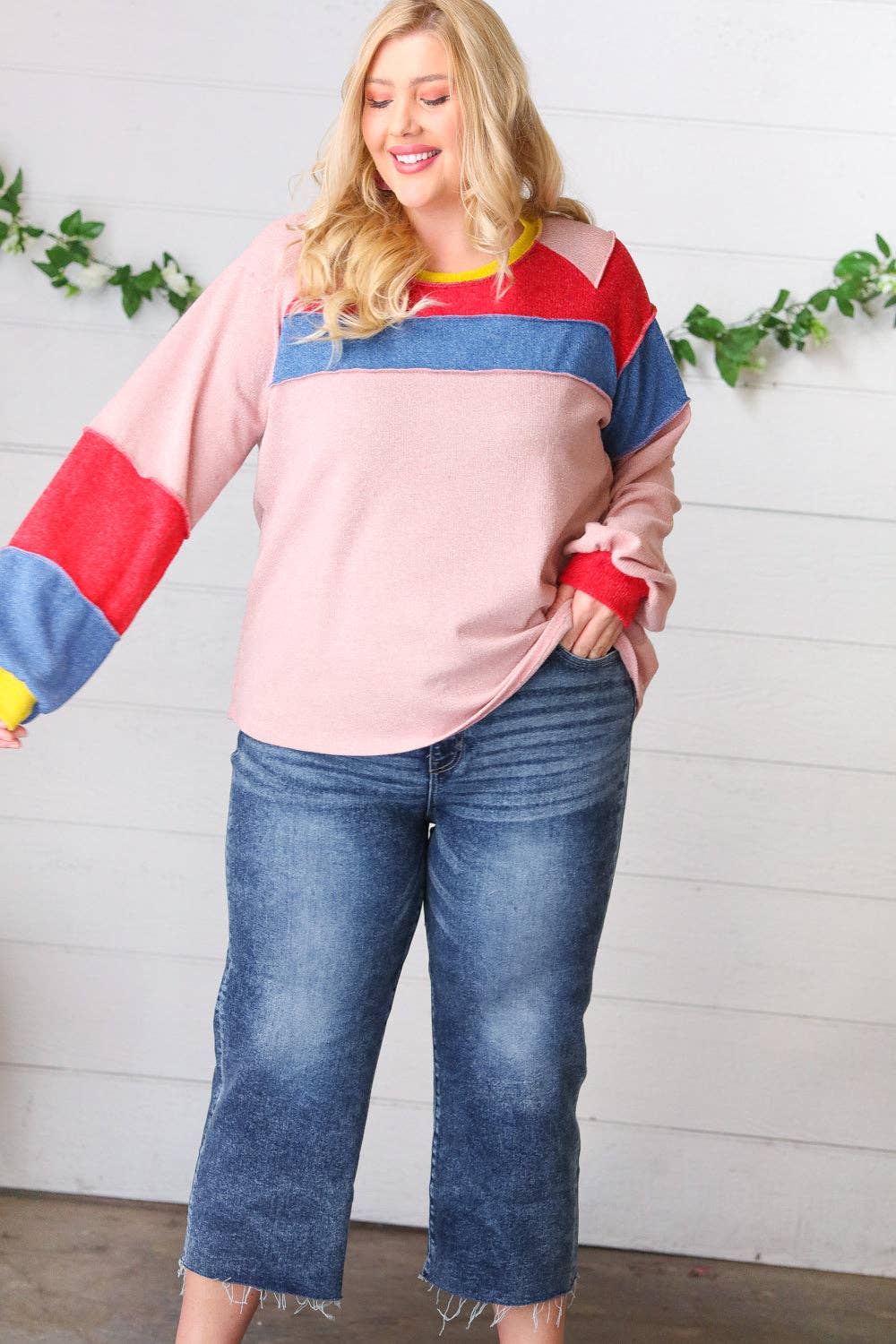 Pink Thermal Corded Colorblock Outseam Top