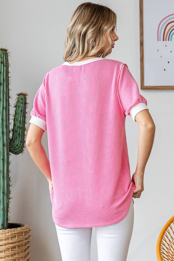 Pink Henley Ribbed Top