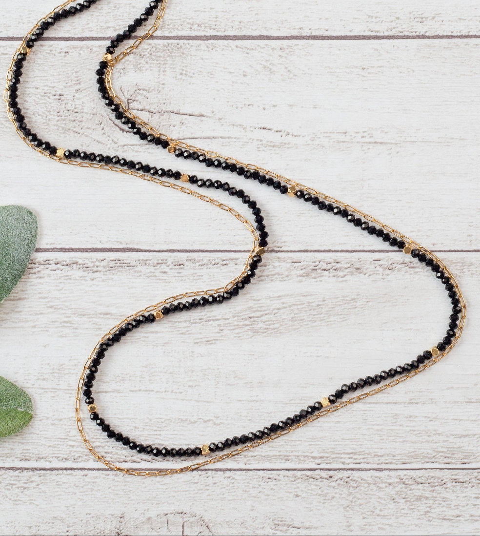 Glitz, Glam, Simple Strands Double Beaded Black Necklace with A Gold Chain