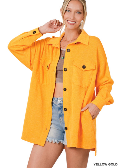 Oversized yellow soft jacquard shacket with pockets