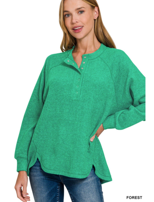 Brushed melange hacci oversized 7-button henley placket sweater