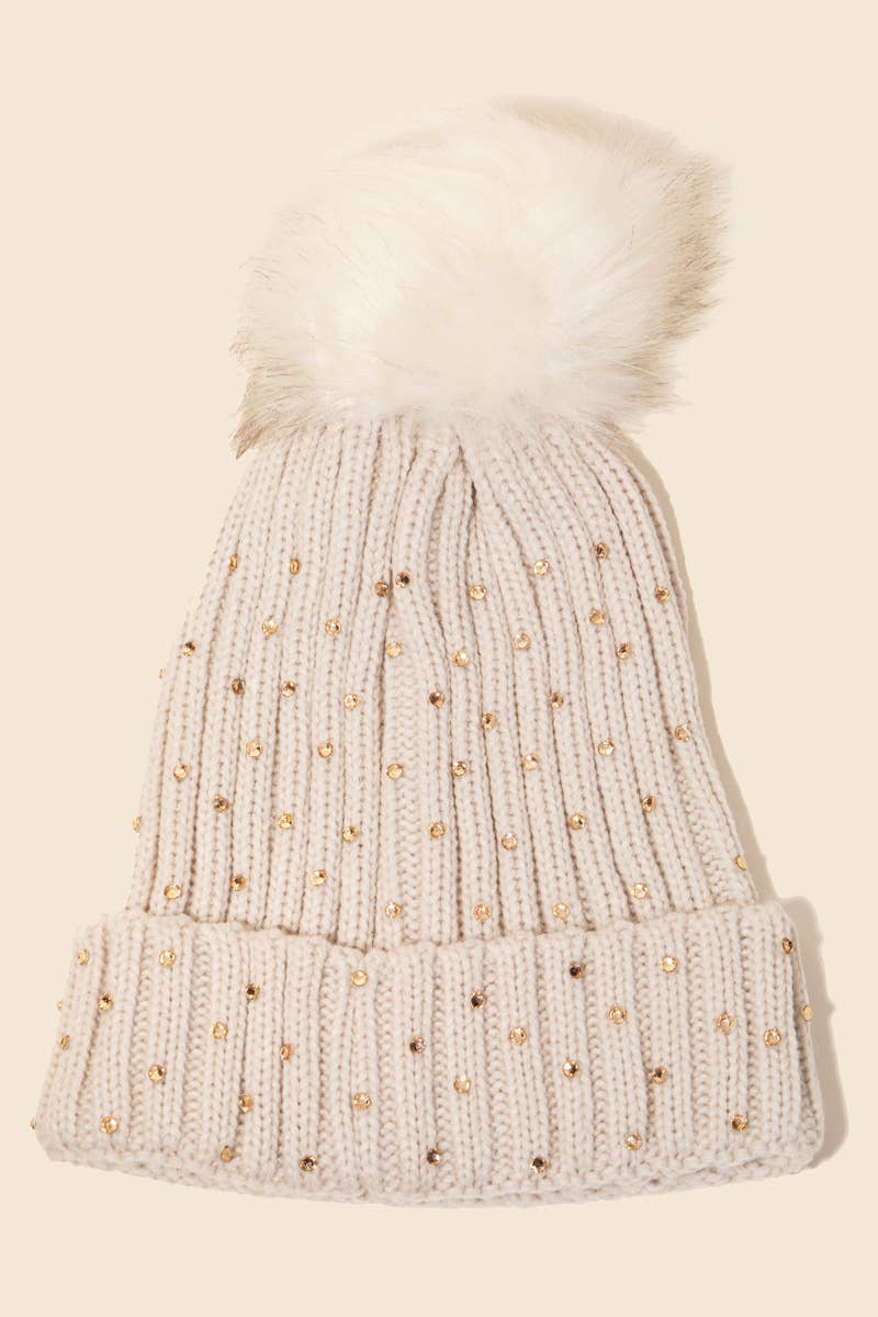 Crochet Knit Rhinestone Studded Pom Beanie