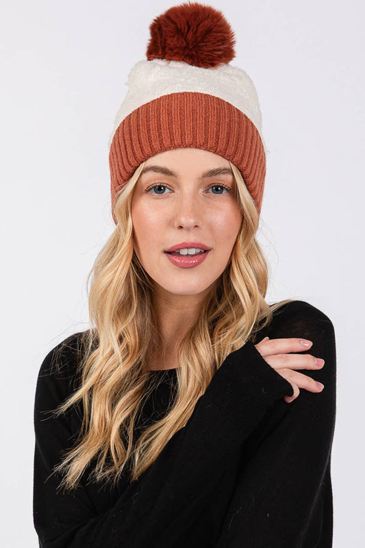 Two Tone Fleeced Pom Pom Beanie