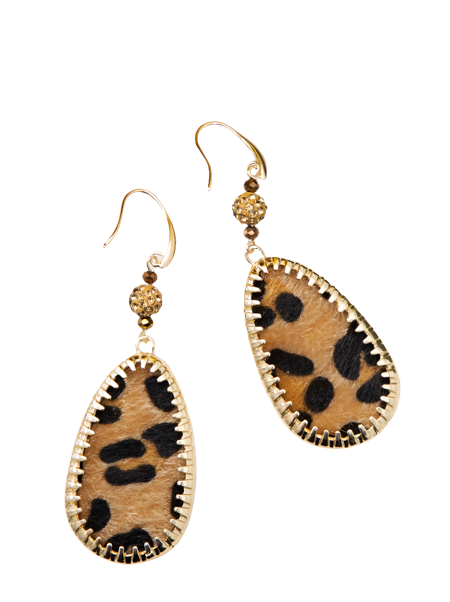 Teardrop Earrings with Gold Border, Light Brown Leopard