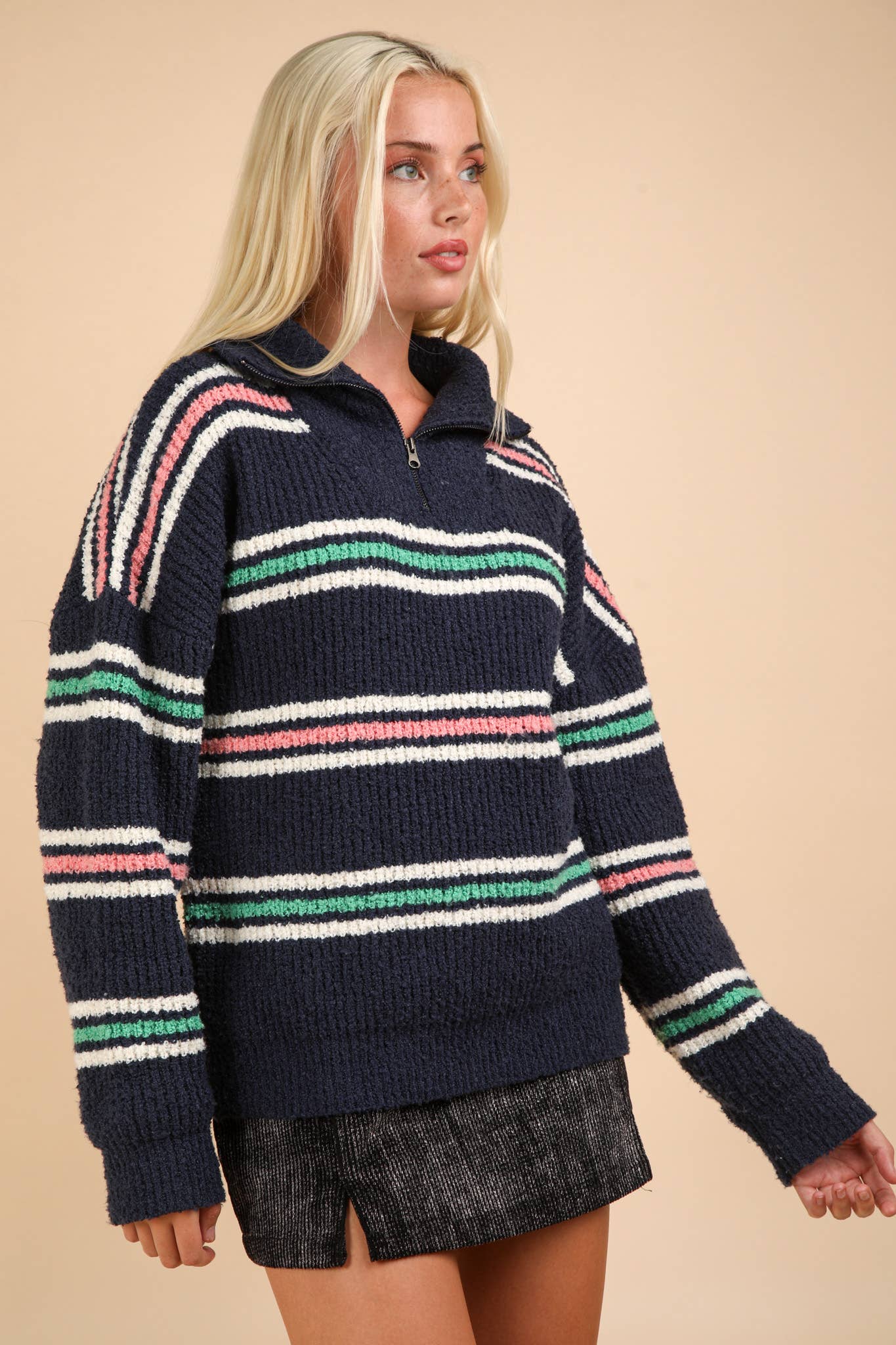 Multi Color Striped Half Zip Up Knit Sweater Top