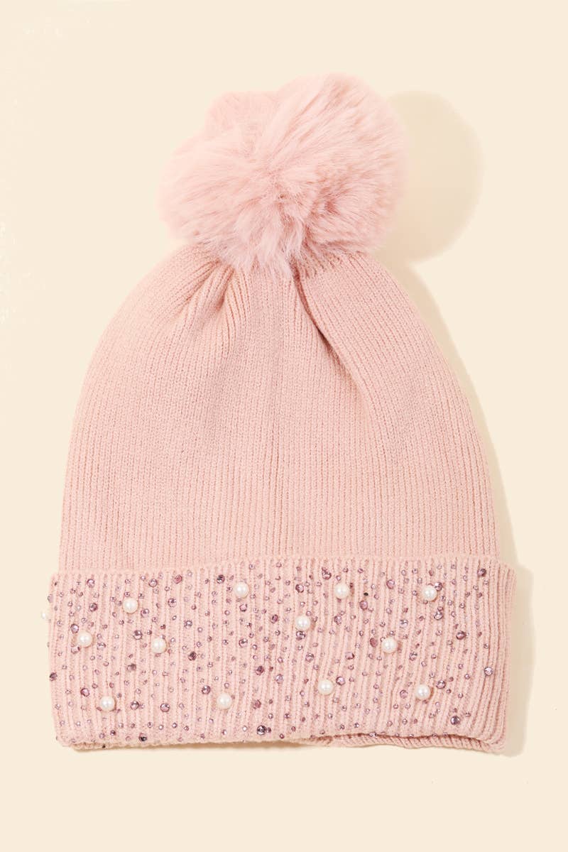 Bejeweled Ribbed Pom Beanie