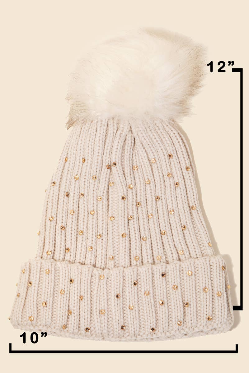 Crochet Knit Rhinestone Studded Pom Beanie